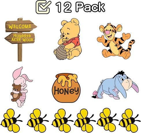 مجموعة علوية كلاسيكية لكعكة ويني، مجموعة أغطية كعكة عيد ميلاد لطيفة لحفلات استقبال المولود الجديد، قطع بوه مزدوجة الجانب (12 قطعة) in Kuwait