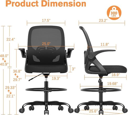 Tall Drafting Chair with Lumbar Support and Footrest Ring, Supportive Tall Extended Height Ergonomic Desk Chair for Home Work, Breathable Tall Mesh Office Chair with Flip up Arms(Black) in Saudi Arabia