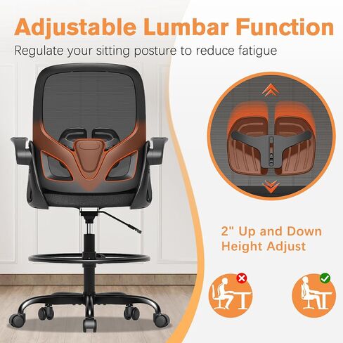 Tall Drafting Chair with Lumbar Support and Footrest Ring, Supportive Tall Extended Height Ergonomic Desk Chair for Home Work, Breathable Tall Mesh Office Chair with Flip up Arms(Black) in Saudi Arabia