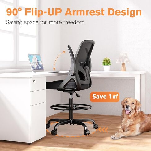 Tall Drafting Chair with Lumbar Support and Footrest Ring, Supportive Tall Extended Height Ergonomic Desk Chair for Home Work, Breathable Tall Mesh Office Chair with Flip up Arms(Black) in Saudi Arabia