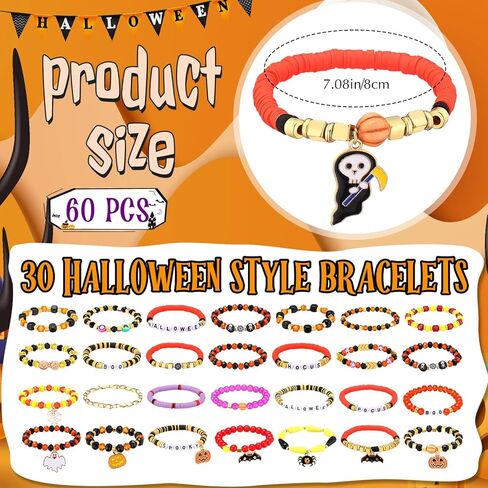 60 قطعة من أساور الهالوين السائبة مطرزة بالخرز مع اليقطين العنكبوت شبح الساحرة على شبكة الإنترنت طبقات مرنة مجوهرات الهالوين سوار قابل للتكديس لهدايا مجوهرات حفلات الهالوين in Kuwait