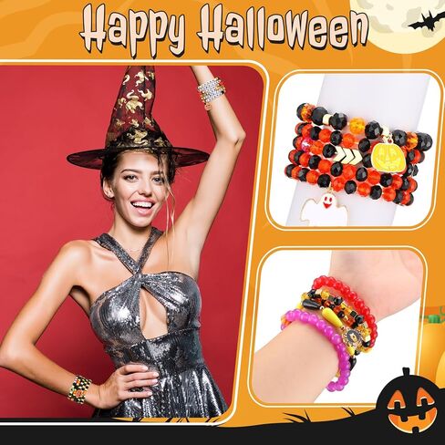 60 قطعة من أساور الهالوين السائبة مطرزة بالخرز مع اليقطين العنكبوت شبح الساحرة على شبكة الإنترنت طبقات مرنة مجوهرات الهالوين سوار قابل للتكديس لهدايا مجوهرات حفلات الهالوين in Kuwait