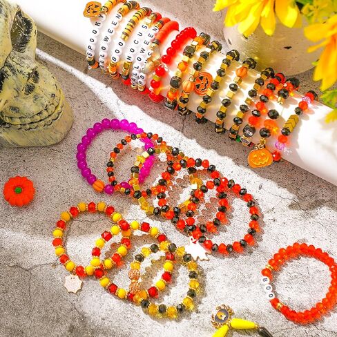 60 قطعة من أساور الهالوين السائبة مطرزة بالخرز مع اليقطين العنكبوت شبح الساحرة على شبكة الإنترنت طبقات مرنة مجوهرات الهالوين سوار قابل للتكديس لهدايا مجوهرات حفلات الهالوين in Kuwait