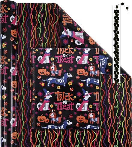 LaRibbons يوم الموتى لفة ورق التغليف القابلة للعكس مع بوم بوم الأرجواني، 17 بوصة × 33 قدم (47sq.ft.ttl.) ورق تغليف هدايا الجمجمة لـ Dia De Los Muertos، ديكور الهالوين، حفلة العيد المكسيكية in Kuwait