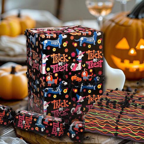 LaRibbons يوم الموتى لفة ورق التغليف القابلة للعكس مع بوم بوم الأرجواني، 17 بوصة × 33 قدم (47sq.ft.ttl.) ورق تغليف هدايا الجمجمة لـ Dia De Los Muertos، ديكور الهالوين، حفلة العيد المكسيكية in Kuwait