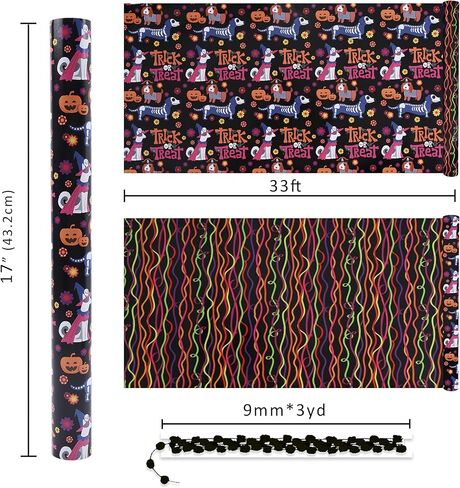 LaRibbons يوم الموتى لفة ورق التغليف القابلة للعكس مع بوم بوم الأرجواني، 17 بوصة × 33 قدم (47sq.ft.ttl.) ورق تغليف هدايا الجمجمة لـ Dia De Los Muertos، ديكور الهالوين، حفلة العيد المكسيكية in Kuwait
