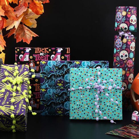 LaRibbons يوم الموتى لفة ورق التغليف القابلة للعكس مع بوم بوم الأرجواني، 17 بوصة × 33 قدم (47sq.ft.ttl.) ورق تغليف هدايا الجمجمة لـ Dia De Los Muertos، ديكور الهالوين، حفلة العيد المكسيكية in Kuwait