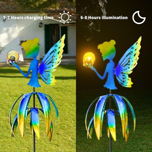 دوارات الرياح المعدنية الكبيرة في الهواء الطلق مقاس 55 بوصة، كرة LED شمسية متعددة الألوان الجنية لتزيين الحديقة في الفناء والرصيف والفناء الخلفي (أزرق) in Saudi Arabia
