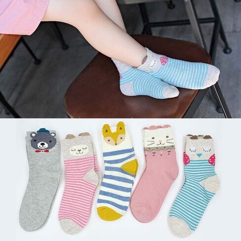 Hellomamma Girls Toddler Cotton Crew Socks Kids Novelty Animal Soft Funny Fashion Casual Breathable Childs Socks 5 Pairs in Saudi Arabia