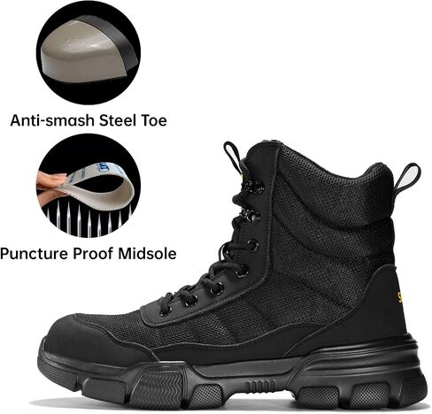 SPIEZ Steel Toe Boots for Men with Puncture Proof Midsole, Lightweight Work Boots with Side-zipper, Soft Safety Shoes for Work Men’s High Top Footwear Black in Saudi Arabia