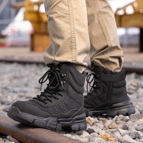 SPIEZ Steel Toe Boots for Men with Puncture Proof Midsole, Lightweight Work Boots with Side-zipper, Soft Safety Shoes for Work Men’s High Top Footwear Black in Saudi Arabia