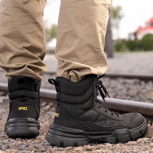 SPIEZ Steel Toe Boots for Men with Puncture Proof Midsole, Lightweight Work Boots with Side-zipper, Soft Safety Shoes for Work Men’s High Top Footwear Black in Saudi Arabia