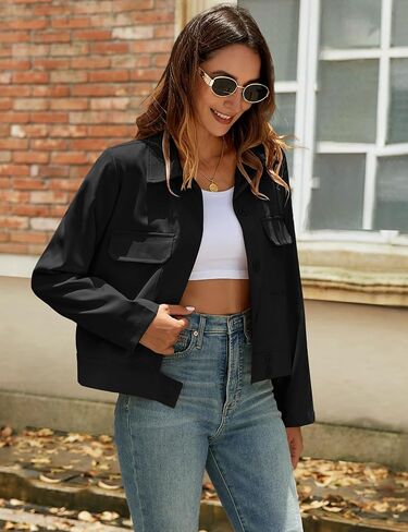Bloggerlove Women Cropped Trench Coats Long Sleeve Lapel Casual Jackets Outerwear with Pockets Work Office Jackets in Saudi Arabia