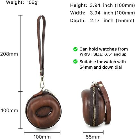 EURYNOME Single Watch Roll Case - Genuine Leather Watch Case With Leather Wrist Strap - Zipper Watch Travel Case Box - 1 Watch Display Case in Kuwait