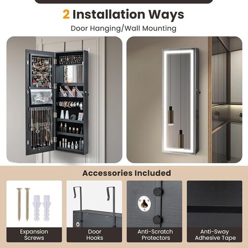 Byroce 47'' Jewelry Armoire with Full Length Mirror, Wall Door Mounted, Lockable Jewelry Cabinet with 3-Color LED Lights & Makeup Mirror, Large Jewelry Organizer for Necklaces, Earrings (Black) in Saudi Arabia