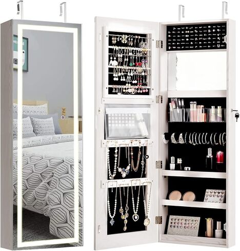 Byroce 47'' Jewelry Armoire with Full Length Mirror, Wall Door Mounted, Lockable Jewelry Cabinet with 3-Color LED Lights & Makeup Mirror, Large Jewelry Organizer for Necklaces, Earrings (Black) in Saudi Arabia