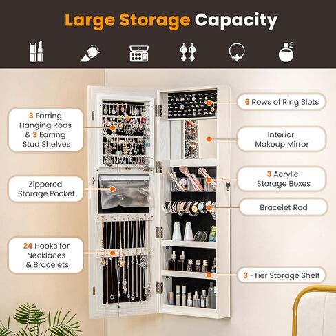 Byroce 47'' Jewelry Armoire with Full Length Mirror, Wall Door Mounted, Lockable Jewelry Cabinet with 3-Color LED Lights & Makeup Mirror, Large Jewelry Organizer for Necklaces, Earrings (Black) in Saudi Arabia