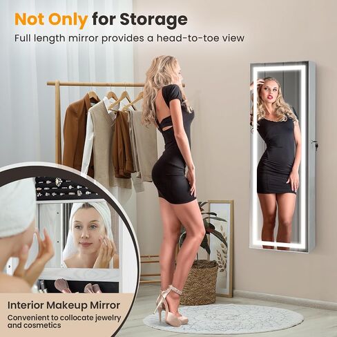 Byroce 47'' Jewelry Armoire with Full Length Mirror, Wall Door Mounted, Lockable Jewelry Cabinet with 3-Color LED Lights & Makeup Mirror, Large Jewelry Organizer for Necklaces, Earrings (Black) in Saudi Arabia