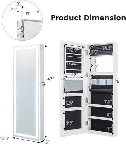 Byroce 47'' Jewelry Armoire with Full Length Mirror, Wall Door Mounted, Lockable Jewelry Cabinet with 3-Color LED Lights & Makeup Mirror, Large Jewelry Organizer for Necklaces, Earrings (Black) in Saudi Arabia