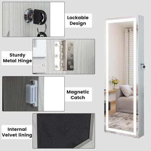 Byroce 47'' Jewelry Armoire with Full Length Mirror, Wall Door Mounted, Lockable Jewelry Cabinet with 3-Color LED Lights & Makeup Mirror, Large Jewelry Organizer for Necklaces, Earrings (Black) in Saudi Arabia