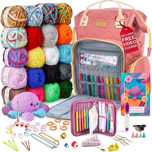 MODDA Crochet Kit for Beginners with Video Course, Includes 20 Color of Yarns, Needles, Hooks, Accessories Kit, Canvas Tote Bag, Crochet Starter Kit for Women, Adults, Kids, Knitting Kit in Kuwait