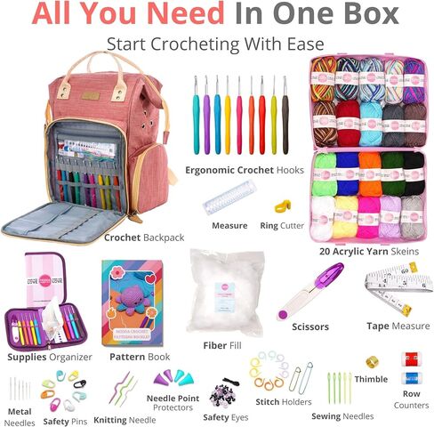 MODDA Crochet Kit for Beginners with Video Course, Includes 20 Color of Yarns, Needles, Hooks, Accessories Kit, Canvas Tote Bag, Crochet Starter Kit for Women, Adults, Kids, Knitting Kit in Kuwait