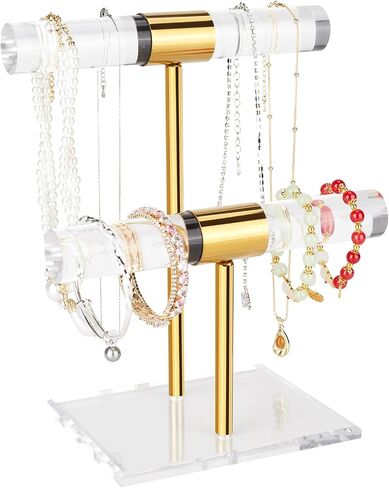 Necklace Holder Bracelet Holder, 2-Tier Acrylic Jewelry Display Stand Gold Jewelry Tower Stand Crystal T Bar Jewelry Organizer Gift for Women(2-Tier 1pc) in Saudi Arabia
