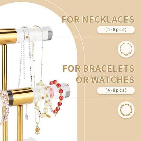 Necklace Holder Bracelet Holder, 2-Tier Acrylic Jewelry Display Stand Gold Jewelry Tower Stand Crystal T Bar Jewelry Organizer Gift for Women(2-Tier 1pc) in Saudi Arabia