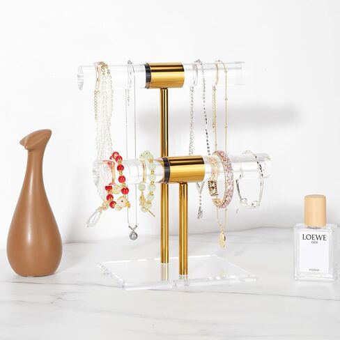 Necklace Holder Bracelet Holder, 2-Tier Acrylic Jewelry Display Stand Gold Jewelry Tower Stand Crystal T Bar Jewelry Organizer Gift for Women(2-Tier 1pc) in Saudi Arabia