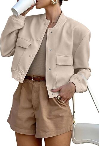 ANRABESS Womens Bomber Jacket Button Cropped Casual Varsity Jackets Shackets Fall Trendy Fashion Travel Outfits with Pockets in Saudi Arabia