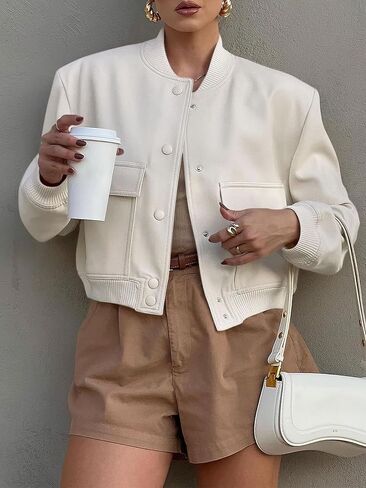 ANRABESS Womens Bomber Jacket Button Cropped Casual Varsity Jackets Shackets Fall Trendy Fashion Travel Outfits with Pockets in Saudi Arabia