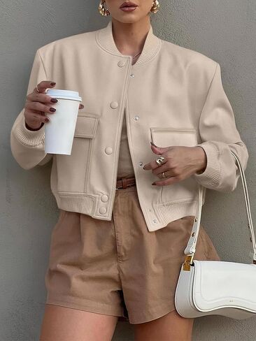 ANRABESS Womens Bomber Jacket Button Cropped Casual Varsity Jackets Shackets Fall Trendy Fashion Travel Outfits with Pockets in Saudi Arabia