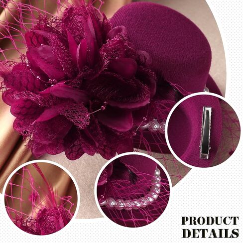 Mini Tea Party Hat - 2024 Small Kentucky Derby Fascinator Vintage Feather Veil Hat with Clip for Women in Kuwait