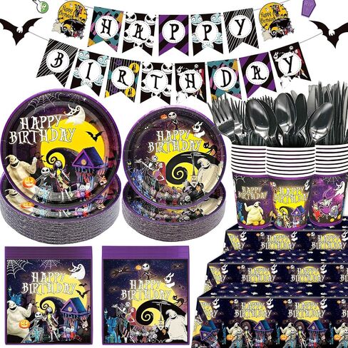 184Pcs Nightmare Before Christmas Birthday Decorations Nightmare Before Christmas Party Supplies Halloween Birthday Banner Jack Skellington Decorations Tableware for Halloween Birthday Party Decor in Saudi Arabia