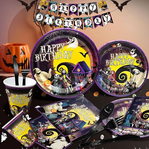 184Pcs Nightmare Before Christmas Birthday Decorations Nightmare Before Christmas Party Supplies Halloween Birthday Banner Jack Skellington Decorations Tableware for Halloween Birthday Party Decor in Saudi Arabia