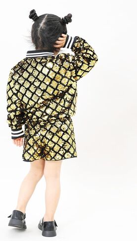 YIYI Plaid Girls Sequin Jackets Striped Stylish Varsity Jacket Kids Sparkle Coat Trendy Girl Outwear Birthday Clothes in Saudi Arabia