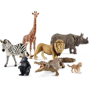 Schleich Animals Wild Life Safari Animals Figures 7-Piece Animal Figurines Set with Lion, Giraffe, Zebra, Bonobo, Rhino, Crocodile and Cheetah Cub Toy