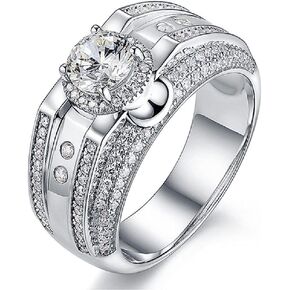 Full of diamonds inlaid platinum moissanite domineering trendy male personality men's ring shiny zirconia ring 925 sterling silver imitation diamond engagement wedding ring CZC288 (White gold)