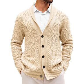 Runcati Mens Shawl Collar Cardigan Sweater Casual Cable Knit Button Down Winter Chunky Ribbed Sweaters