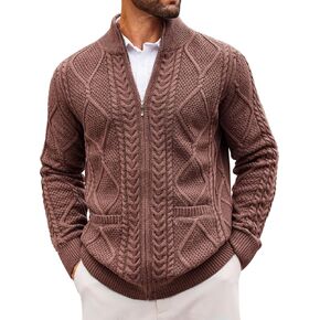 Runcati Mens Full Zip Cardigan Sweater Casual Cable Knitted Mock Neck Ribbed Winter Sweaters