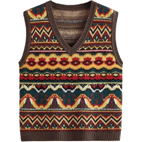 Men's Tribal Print Sweater Vests V Neck Sleeveless Knitted Tank Tops Streetwear