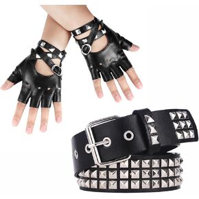 3 Pieces Punk Gloves and Belt Set for Men Women Black Leather Belt Punk Accessories