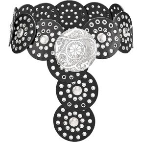 Western Belts for Women Boho Disc Waist Belts Metal Cowgirl Leather Vintage Rhinestone Belt for Dress Jeans