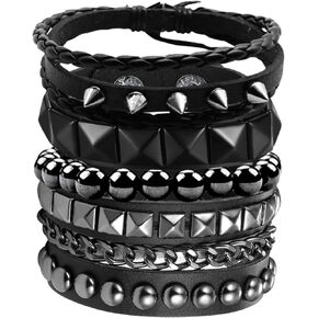 4 Pcs Punk Rock Leather Studded Bracelets for Men Women 80s Gothic Spike Cuff Bracelet Set Emo Accessories for Rocker Outfits