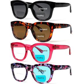 Henotin 4 Pack Bifocal Reading Glasses include Sun Readers for Women Oprah Style Square Blue Light Blocking Eyeglasses