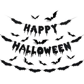 Black Glitter Happy Halloween Banner and Bat Halloween Garland Bat Wall Decals, Happy Halloween Party Decorations Halloween Party Banner for Haunted Houses Home Indoor Mantle Decor
