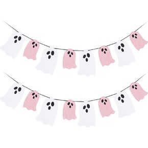 Halloween Hanging Ghost Banner White Pink Glitter Halloween Party Ghost Banner for Haunted Houses Doorways Indoor Outdoor Home Decor Haunted Mansion Halloween Ghost Decorations (2 Pack)