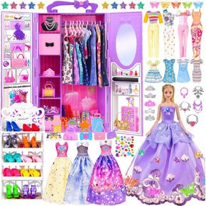 iBayda 139pcs 11.5 inch Girl Doll with Doll Closet Wardrobe Clothes and Accessories Including Doll, Wedding Dress, Outfits, Shoes, Hangers, Bags, Necklaces and DIY Stickers (Include One Doll)