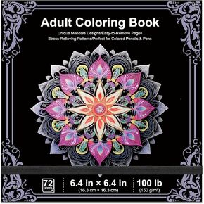 Adult Coloring Book, 72 Sheets Coloring Books for Adults Relaxation, 6.4 x 6.4 Inch, 110lb/150gsm Mandala Designs with Detachable Pages, Art Essentials for Calmness, Self-Reflection.