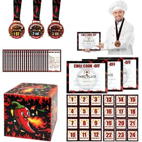 صندوق اقتراع Chili Cook off Contest مع 24 قطعة من بطاقات التصويت و3 قطع من شرائط جوائز الكأس، و3 قطع من شهادة الفلفل الحار، و24 قطعة من ملصقات أرقام الوعاء لمستلزمات حفلات جوائز Chili Cook off Game